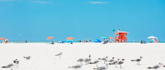 Red wooden lifeguard hut and seagulls on an empty beach in Sarasota, Florida, USA.