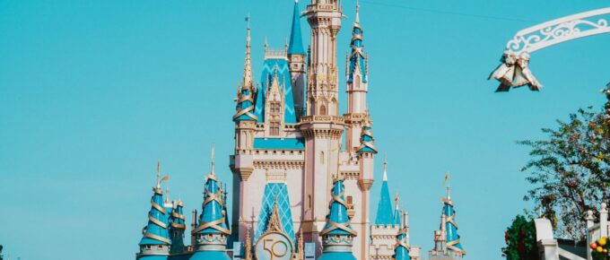 A castle under the blue skies in Disney World, Orlando, Florida, USA.