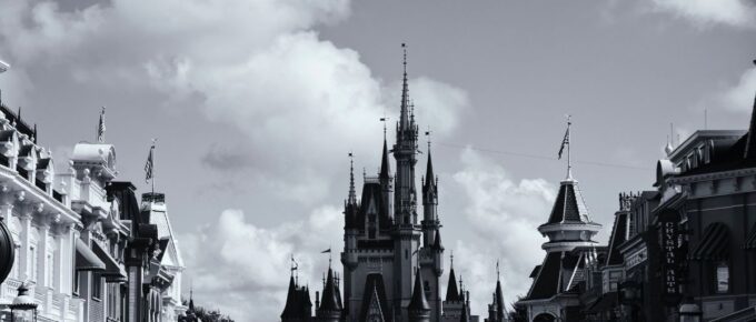 Grayscale of the main street in Walt Disney World Resort, Orlando, Florida, USA.