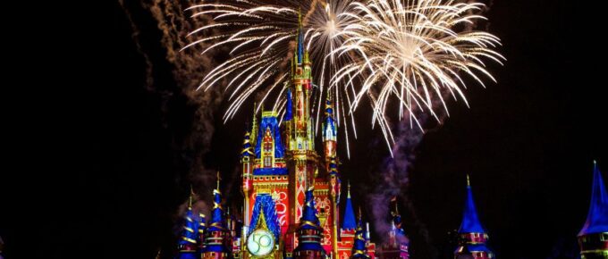 Fireworks and colorful projections on Cinderella Castle during one of the final Happily Ever After performances.
