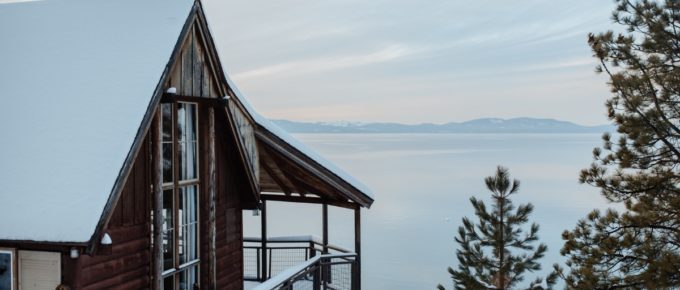 Cabin near Lake Tahoe, United States that got freshly snowed on.