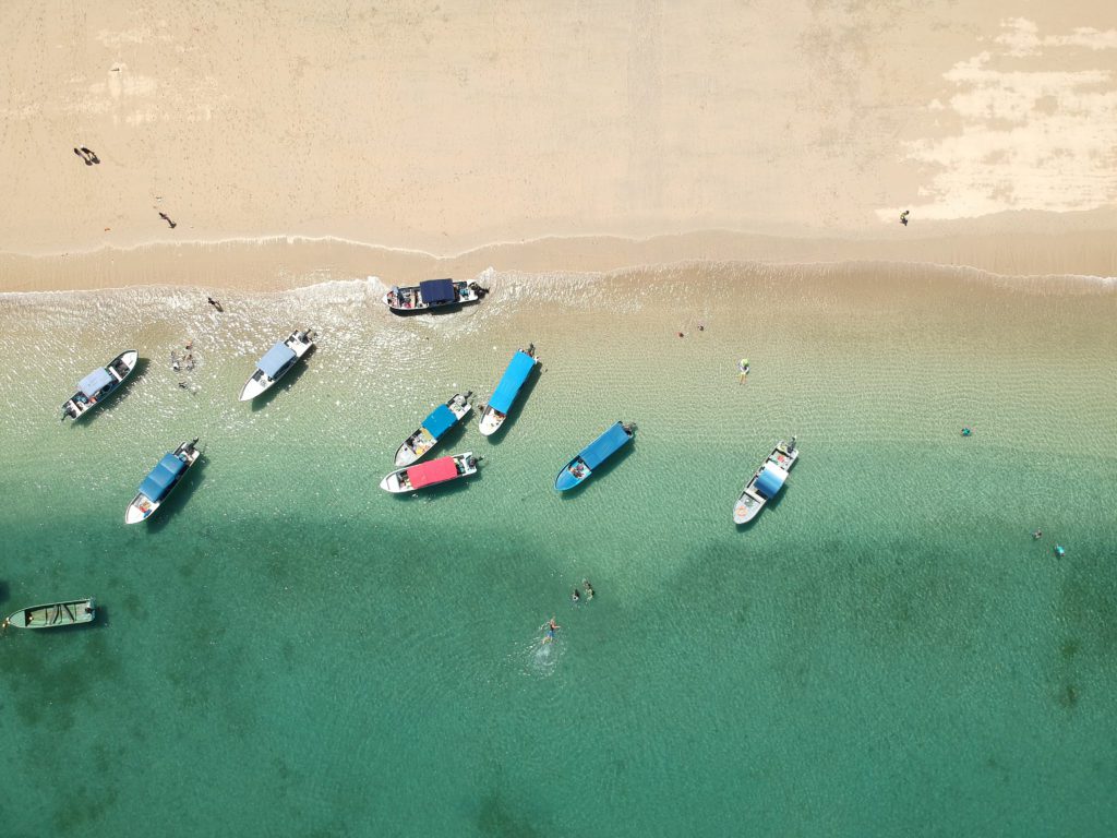 a birds-eye-view of boats on the water at the Gulf of Chiriqui, Panama