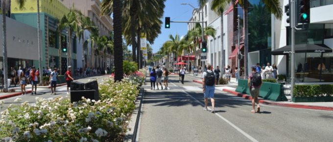 People walking in a sunny day in Los Angeles, California, USA.
