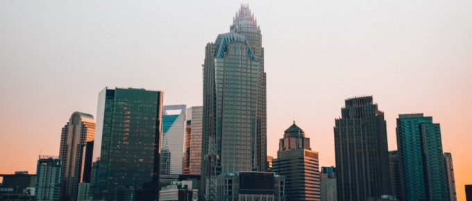 Charlotte North Carolina skyline at sunset.