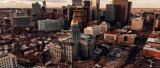 Aerial view of city buildings in Denver, Colorado, USA.