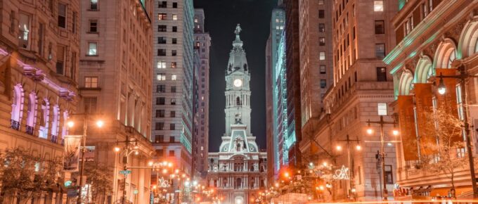 Philadelphia during nighttime in Pennsylvania, USA.