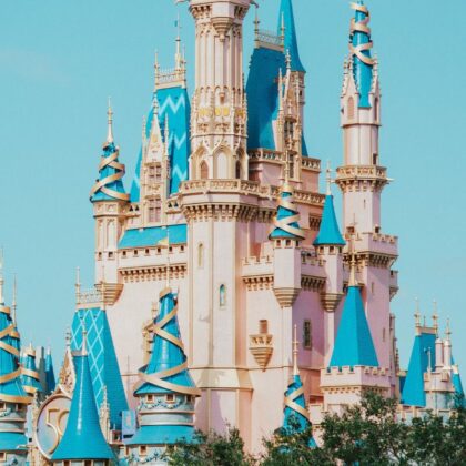 A castle with blue and white domes in Disney World, Orlando, Florida, USA.