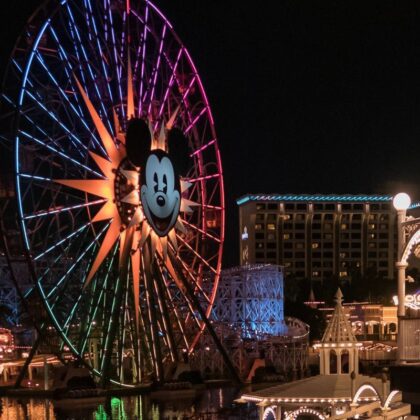 Mickey Mouse ferries wheel at night in Disneyland California, Anaheim, USA.