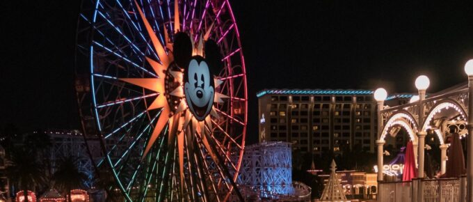 Mickey Mouse ferries wheel at night in Disneyland California, Anaheim, USA.