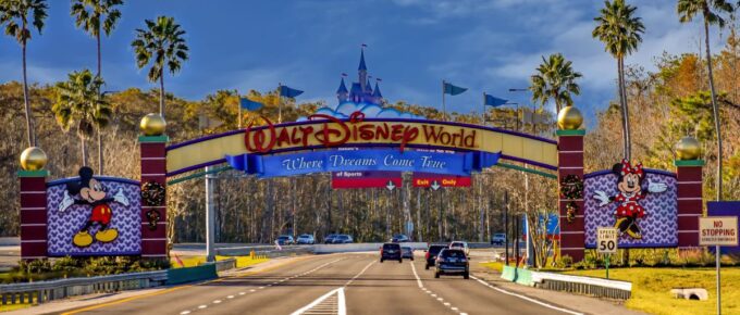 Entrance Arch of Walt Disney Theme Park in Orlando, Florida, USA.