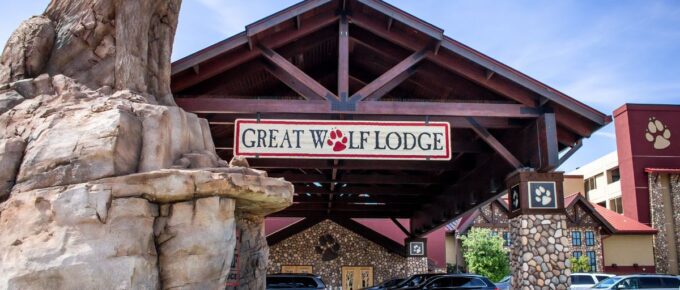 A view of the building sign for the resort Great Wolf Lodge in Garden Grove, California, USA.