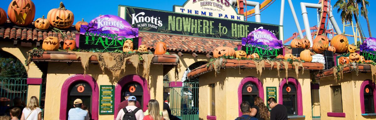 People entering Knott's Scary Farm at Knott's Berry Farm in Anaheim, California, USA.