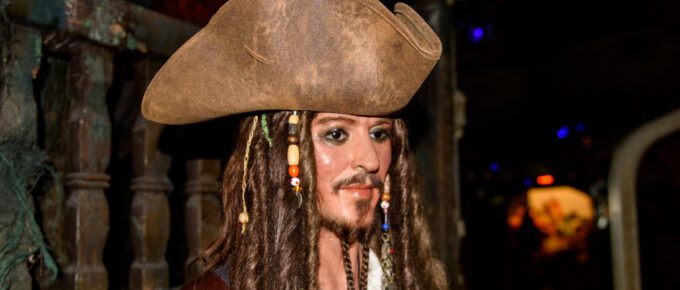 Johnny Depp as the Captain Jack Sparrow from the Pirates of the Caribbean, as a wax figure.