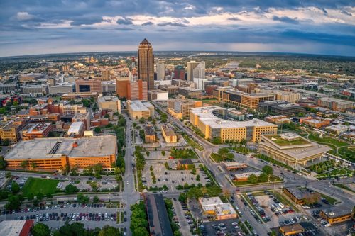 An aeriel view of Downtown Des Moines.