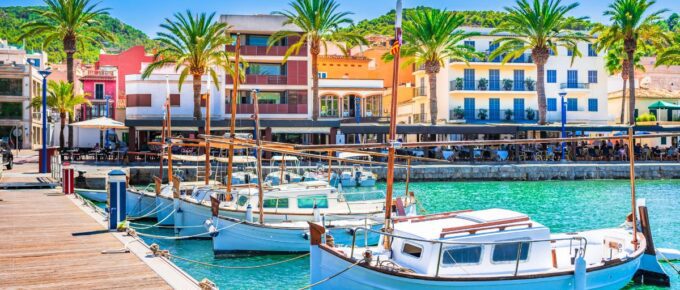 Boats at pier of beautiful town of Port de Andratx on Majorca island, Spain Mediterranean Sea.